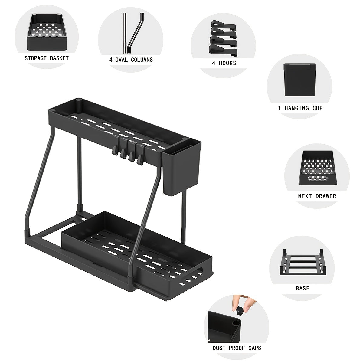 Lot de 2 organisateurs sous évier avec tiroirs coulissants – Rangement de placard durable pour salle de bain et cuisine, rangement vertical gain de place, disponible en noir et blanc
