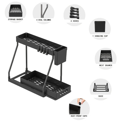 Lot de 2 organisateurs sous évier avec tiroirs coulissants – Rangement de placard durable pour salle de bain et cuisine, rangement vertical gain de place, disponible en noir et blanc