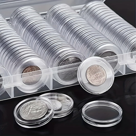 100 Pack Clear Coin Capsules Transparent Collection Storage Boxes with Secure Snap Lid – Multi-Compartment Organizer for Coins, Souvenirs, Small Collectibles & Hobby Items