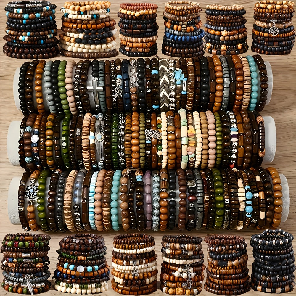 Ensemble de bracelets bohèmes en perles de bois – Bracelets élastiques empilables avec breloques tortue, croix, feuille et plume, couleurs assorties, au choix par 12, 24, 47 ou 87 pièces – Parfait pour un usage quotidien et offrir en cadeau