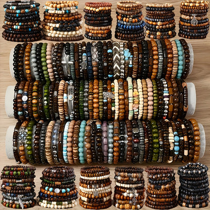 Ensemble de bracelets bohèmes en perles de bois – Bracelets élastiques empilables avec breloques tortue, croix, feuille et plume, couleurs assorties, au choix par 12, 24, 47 ou 87 pièces – Parfait pour un usage quotidien et offrir en cadeau