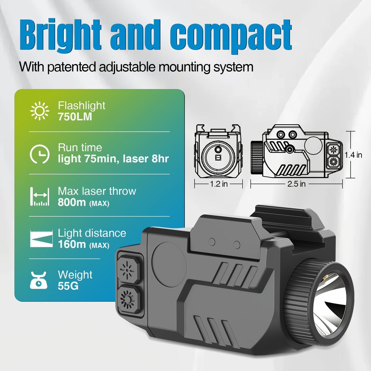 SL1085 Lampe tactique 750 lm avec laser rouge combiné, compatible avec rails Picatinny taille standard et compacte, lampe pour arme rechargeable et antichoc avec fonction stroboscopique - Viseur laser réglable pour arme de poing