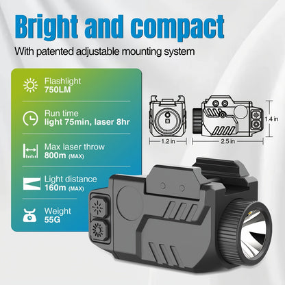 SL1085 Lampe tactique 750 lm avec laser rouge combiné, compatible avec rails Picatinny taille standard et compacte, lampe pour arme rechargeable et antichoc avec fonction stroboscopique - Viseur laser réglable pour arme de poing