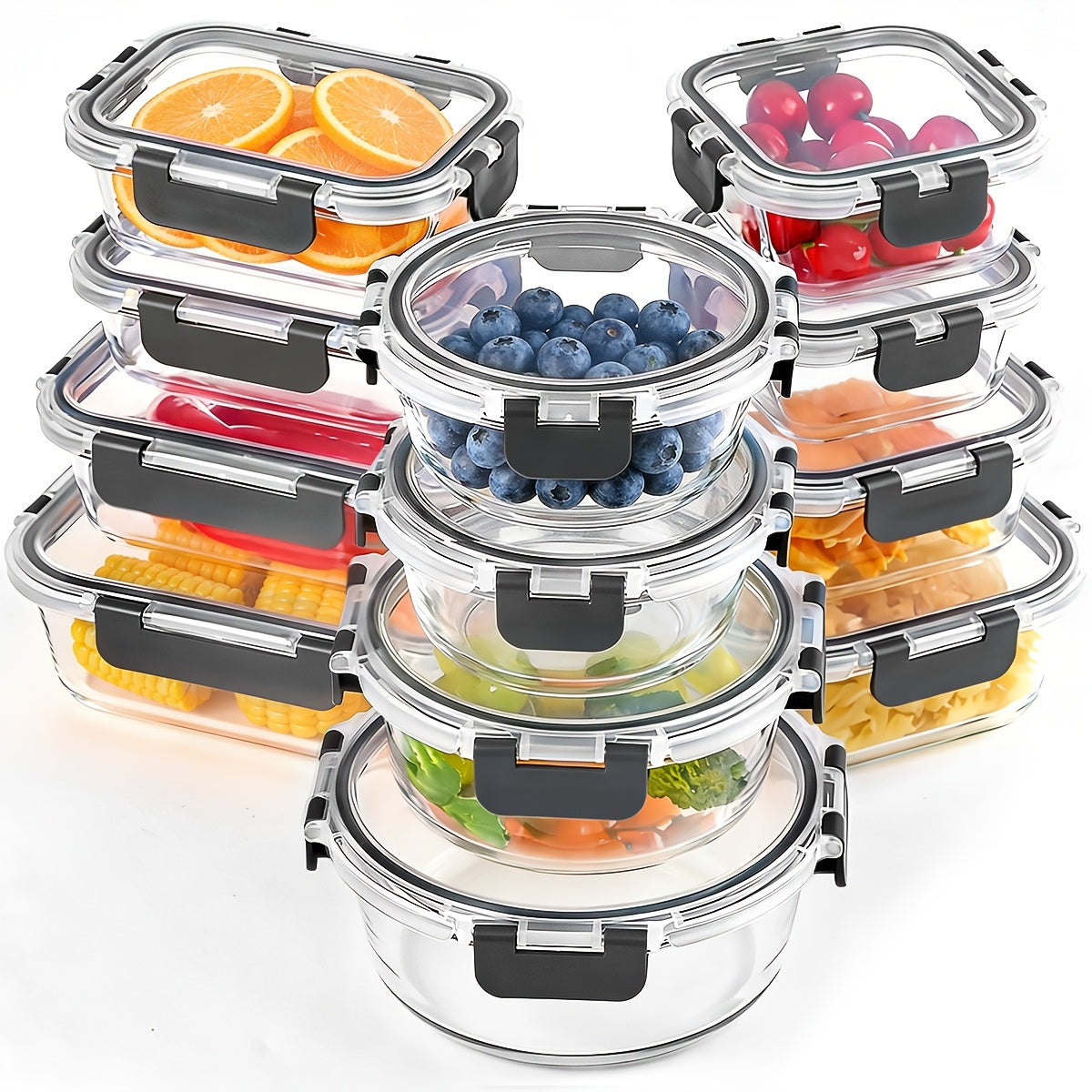 Ensemble de 12 récipients alimentaires en verre avec couvercles, boîtes de préparation de repas hermétiques et étanches, boîtes à déjeuner bento en verre épais compatibles micro-ondes, four, congélateur et lave-vaisselle, organisateur de garde-manger