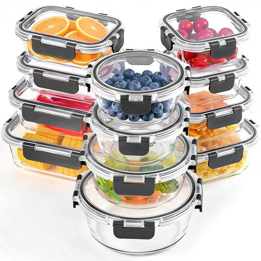 Ensemble de 12 récipients alimentaires en verre avec couvercles, boîtes de préparation de repas hermétiques et étanches, boîtes à déjeuner bento en verre épais compatibles micro-ondes, four, congélateur et lave-vaisselle, organisateur de garde-manger