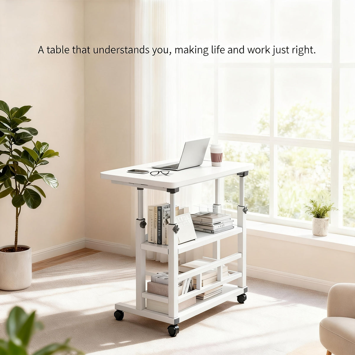 Bureau mobile portatif avec roulettes et table élévatrice à hauteur réglable – Petit bureau d'ordinateur pour lit, canapé, loisirs créatifs ou bureau à domicile, en noir ou blanc