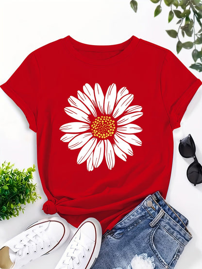 T-shirt à col rond imprimé marguerites pour femme | Hauts d'été décontractés pour femme, t-shirts à manches courtes avec motif floral mignon S M L XL XXL