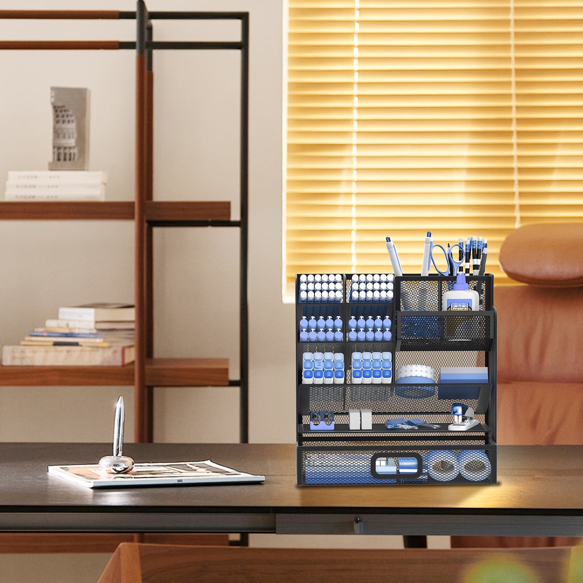 Organisateur de bureau en maille avec tiroir et porte-stylo – Rangement pour crayons pour bureau, école et atelier d'art, design en maille respirante, disponible en noir, jaune et bleu