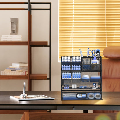 Organisateur de bureau en maille avec tiroir et porte-stylo – Rangement pour crayons pour bureau, école et atelier d'art, design en maille respirante, disponible en noir, jaune et bleu