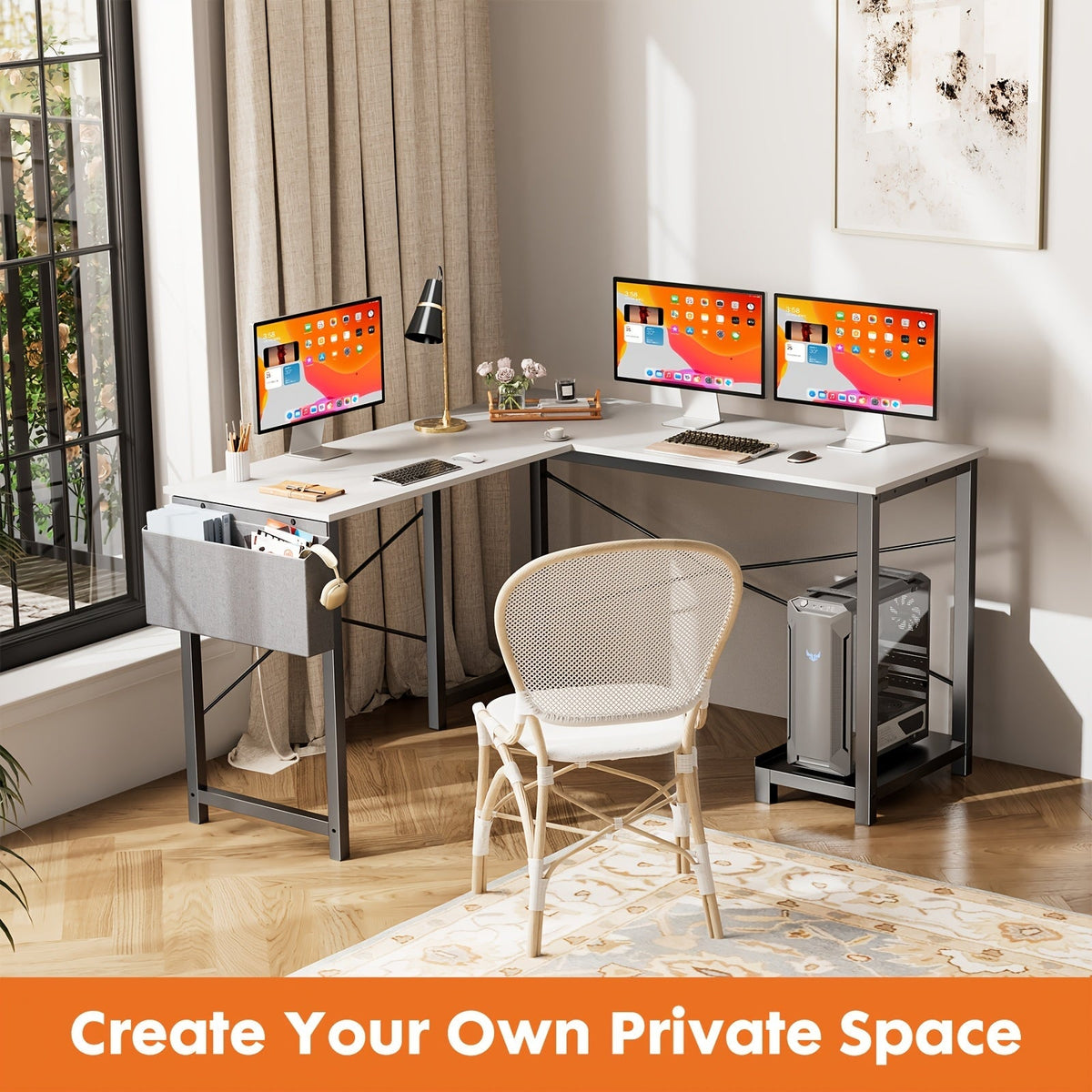 Bureau d'ordinateur en forme de L avec sac de rangement et étagères – Bureau d'angle réversible, poste de travail pour PC et ordinateur portable pour bureau à domicile, salle d'étude, bureau d'écriture peu encombrant