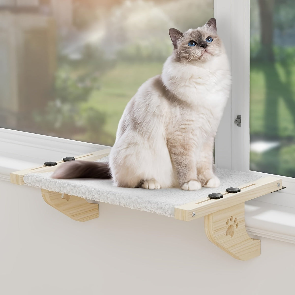 Perchoir et hamac de fenêtre pour chats d'intérieur – Cadre robuste en bois et métal, fixation facile et ajustable pour rebord de fenêtre, chevet, tiroir et placard, supporte les grands chats, lit étagère peu encombrant pour chat