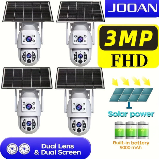 Caméra de sécurité solaire extérieure PTZ 360 degrés, double objectif HD 1296P, vision nocturne couleur, audio bidirectionnel, détection de mouvement, Wi-Fi, stockage SD, batterie rechargeable, montage mural