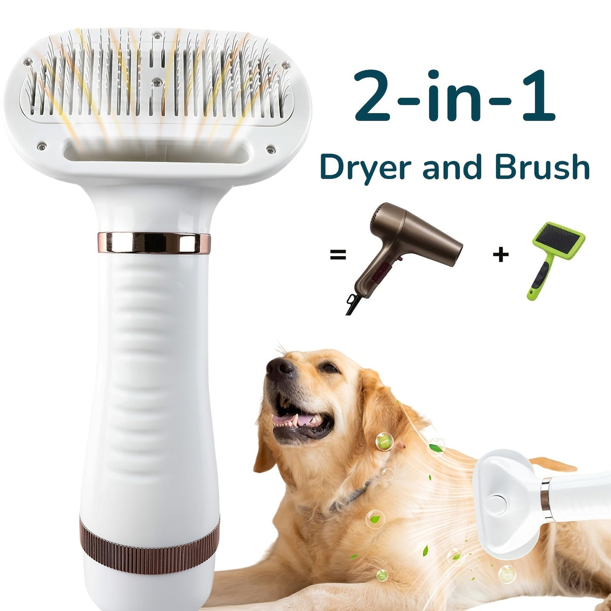 Sèche-poils pour animaux 2-en-1 avec brosse carde autonettoyante – Séchoir de toilettage portable pour chiens et chats, 3 réglages de température, silencieux, poils en acier inoxydable, outil de toilettage pour la maison et les voyages