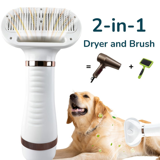 2-in-1 Pet Hair Dryer with Self-Cleaning Slicker Brush – Portable Dog & Cat Grooming Blow Dryer, 3 Temperature Settings, Low Noise, Stainless Steel Bristles, Home & Travel Grooming Tool
