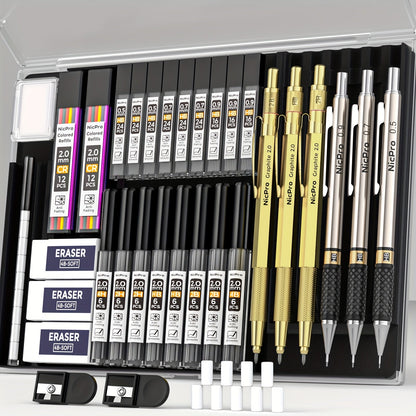 Ensemble de 34 crayons mécaniques artistiques avec étui, 6 crayons de dessin en métal, mines de 0,5 mm, 0,7 mm, 0,9 mm, 2 mm, 19 mines de recharge et gommes pour artistes, croquis et dessin