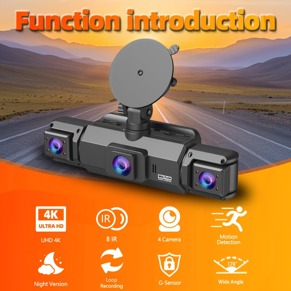 Dashcam 4K avec caméra rotative 360° à 4 canaux, carte SD 32 Go offerte, vision nocturne, enregistrement en boucle 24h/24, moniteur de stationnement, caméras avant 4K et latérales/arrière 1080p, pour tous véhicules