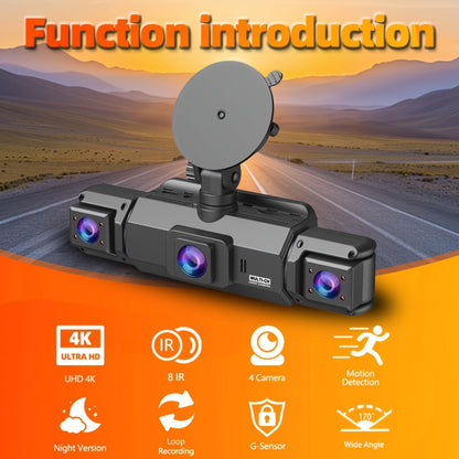 Dashcam 4K avec caméra rotative 360° à 4 canaux, carte SD 32 Go offerte, vision nocturne, enregistrement en boucle 24h/24, moniteur de stationnement, caméras avant 4K et latérales/arrière 1080p, pour tous véhicules