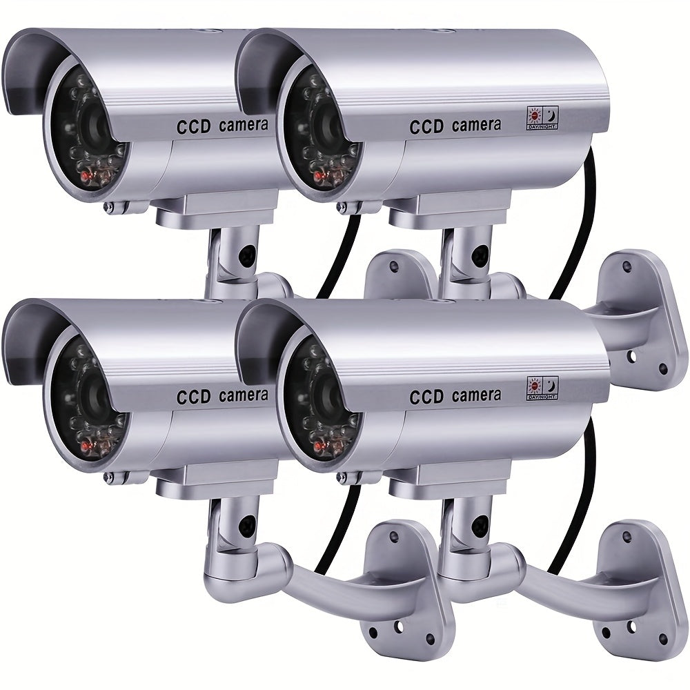 Caméra de surveillance factice – Système de vidéosurveillance simulée, lumières LED réalistes, support réglable et autocollants d'avertissement, caméra leurre de sécurité pour intérieur et extérieur – Lot de 2 ou 4
