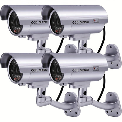 Caméra de surveillance factice – Système de vidéosurveillance simulée, lumières LED réalistes, support réglable et autocollants d'avertissement, caméra leurre de sécurité pour intérieur et extérieur – Lot de 2 ou 4