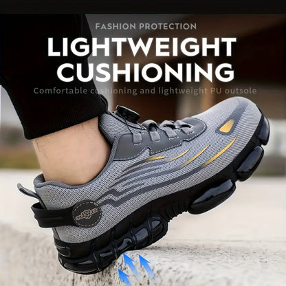 Chaussures de sécurité à embout d'acier pour hommes et femmes – Baskets de protection légères et respirantes avec semelle antidérapante, bout rond, coupe basse – Idéales pour la construction, l'entrepôt, l'extérieur et le camping (Noir/Gris, US 5–12,5)