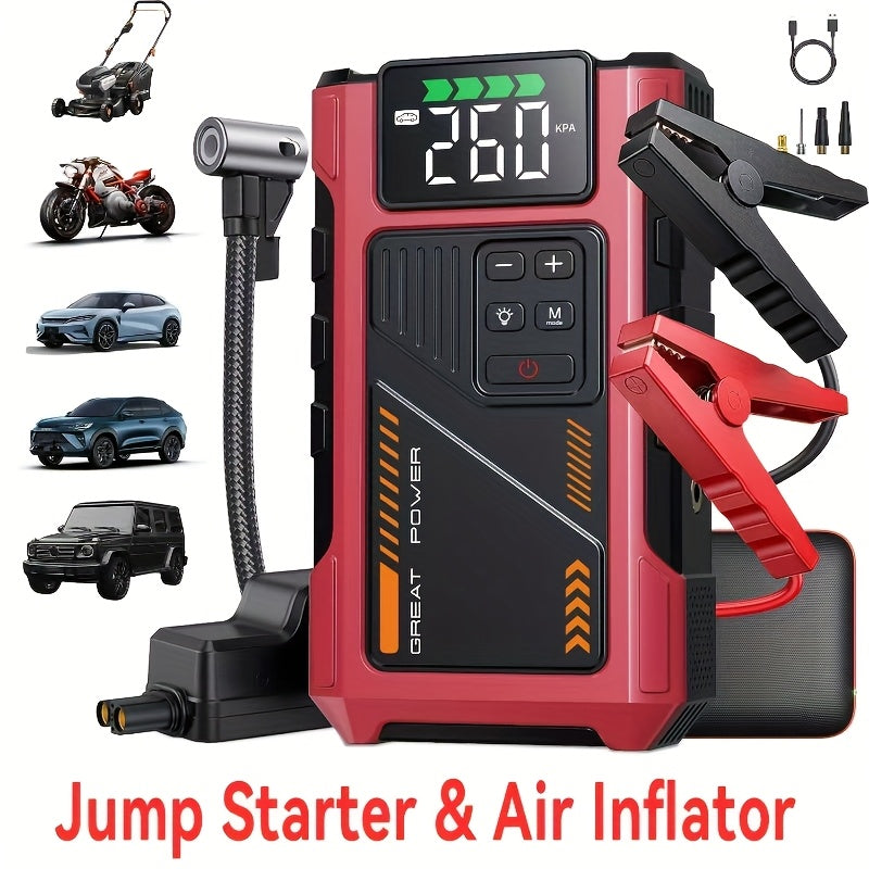 Démarreur de voiture 4000A avec compresseur d'air et gonfleur de pneus – Booster de batterie portable tout-en-un pour moteurs essence et diesel, lampe LED, batterie externe USB, affichage numérique, démarreur d'urgence compact