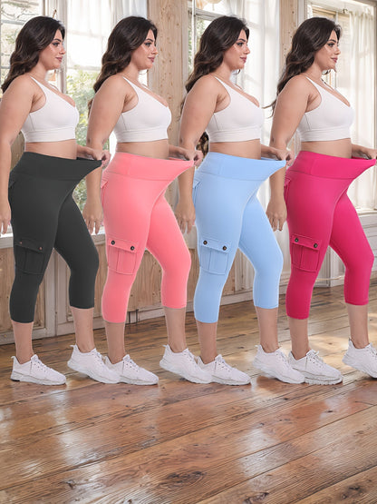 Lot de 4 pantalons de yoga Capri taille haute pour femmes, extensible dans les 4 sens, galbant, gainant, 4 poches - Leggings de sport pour la course, S-XXL, toutes saisons