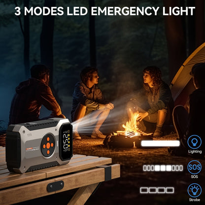 Démarreur de voiture 4000A avec compresseur d'air et gonfleur de pneus – Booster de batterie portable tout-en-un pour moteurs essence et diesel, lampe LED, batterie externe USB, affichage numérique, démarreur d'urgence compact