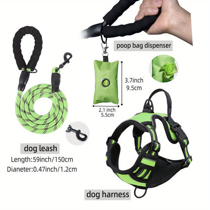 Ensemble laisse, harnais et distributeur de sacs à déjections pour chien – Harnais gilet réglable, respirant et anti-fugue pour chiens de taille moyenne à grande avec bandes réfléchissantes – Kit de promenade anti-traction rembourré avec porte-sac intégré