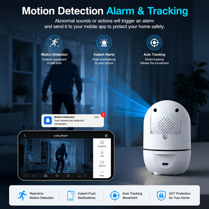 Pack de 4 caméras de sécurité WiFi d'intérieur, panoramique et inclinaison à 355°, vision nocturne, détection de mouvement, audio bidirectionnel, moniteur pour bébé et animaux – WiFi double bande 2,4 GHz/5 GHz, Cloud, carte SD 256 Go, compatible Alexa