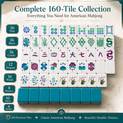 Jeu de mah-jong américain de 160 tuiles avec 4 dés et illustrations de paon – Tuiles colorées, brillantes et superposées, jeu de société pour les soirées en famille, les fêtes entre amis, idée de cadeau de vacances pour adultes