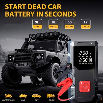 Démarreur de voiture 10000 A avec compresseur d'air 350 PSI, batterie de secours portable 9 en 1 avec lampe LED, charge rapide USB Type-C, gonfleur de pneus – Kit d'urgence pour voiture 12 V et cadeau