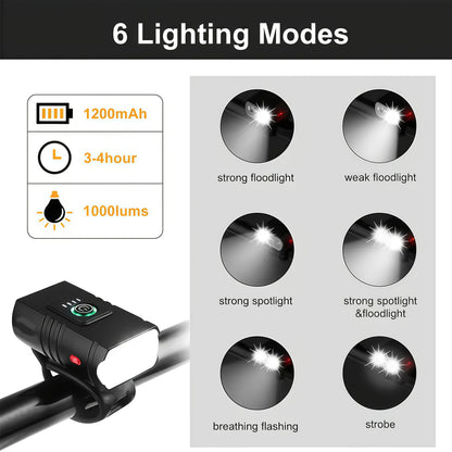 Ensemble d'éclairage de vélo rechargeable par USB ultra-lumineux – Phare avant LED 1200 mAh et feu arrière 330 mAh, 6+4 modes, faisceau large 180°, sonnette de sécurité incluse, pour vélo de route, VTT et cyclisme de nuit