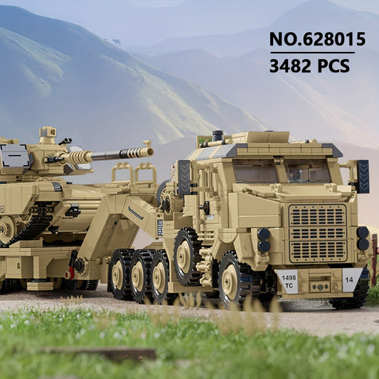 Set de construction de 3482 pièces - Camion de transport de char militaire, modèle de véhicule lourd MOC, kit de construction pour adultes, cadeau pour passionnés de militaire, pièce de collection, briques compatibles