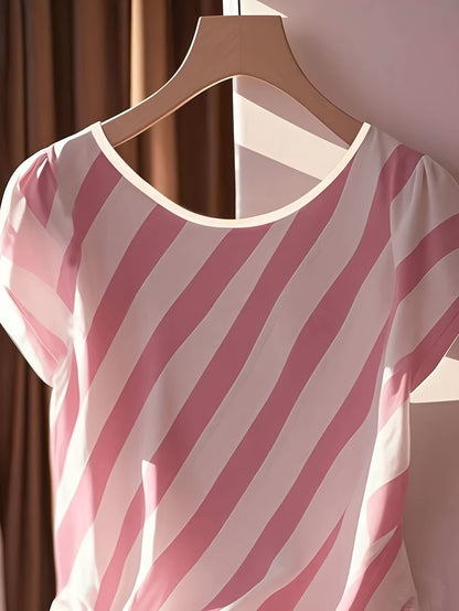 Chemisier sans manches pour femme style français à rayures avec nœud - Haut semi-transparent à col rond, idéal pour le printemps, l'été et l'automne, chic et décontracté | Haut pour femme au design élégant d'inspiration française, lavable en machine