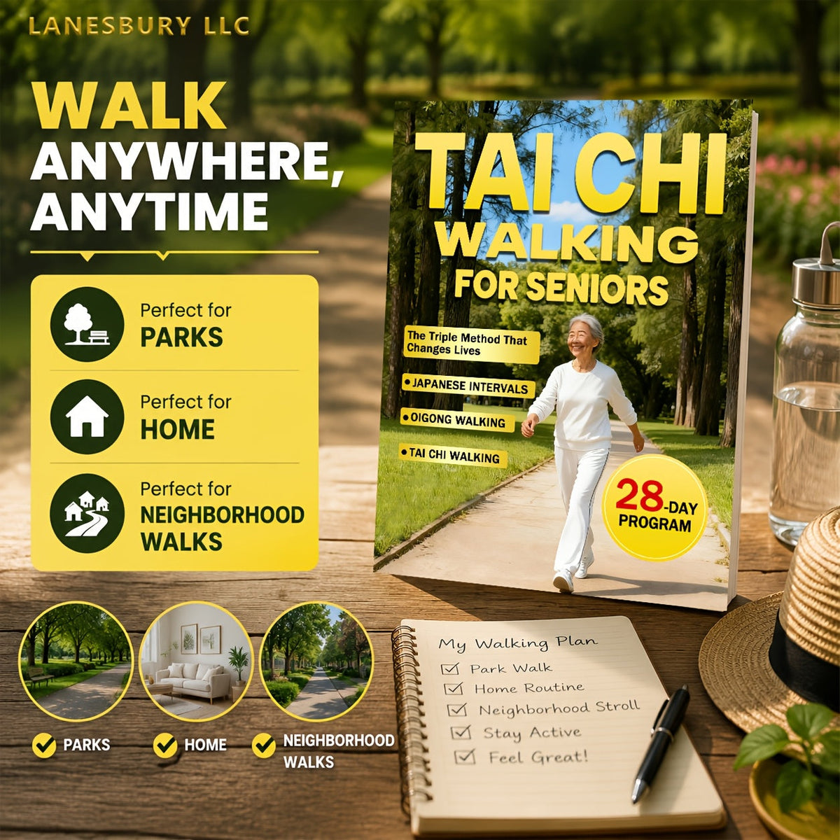 Marche Tai Chi pour les seniors - Perte de poids sans effort et soins doux avec la méthode triple sur 28 jours, intervalles japonais et marche Qigong, guide de fitness à faible impact pour les adultes âgés