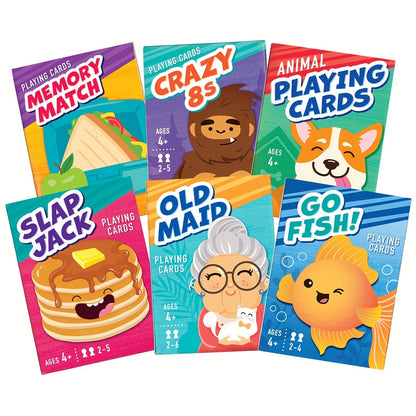 Jeu de 6 cartes pour enfants avec 6 paquets – Pêche, Pouilleux, Huit Américain, Mémo, Slap Jack et cartes Animaux | Soirée jeux en famille à partir de 4 ans, cadeau d'anniversaire et de Noël, cadeau de Noël