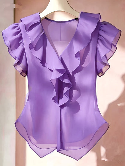 Haut femme en mousseline à manches courtes et volants – Chemisier d'été décontracté coupe évasée, couleur unie, disponible en 21 coloris, 100 % polyester tissé