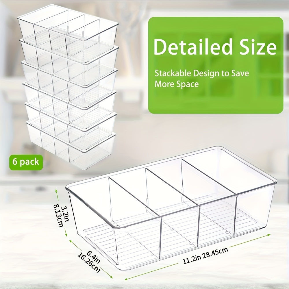 Ensemble de 6 bacs de rangement transparents en plastique pour cuisine, réfrigérateur, placard, garde-manger, snacks, épices et sachets de condiments