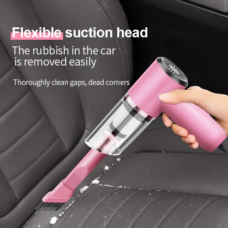 Aspirateur de voiture portable 12 V, aspirateur filaire puissant pour poils d'animaux et poussière, moteur silencieux, kit d'accessoires inclus, design compact pour le nettoyage intérieur de voiture – Rose
