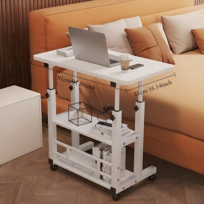 Bureau pliant à roulettes à 3 niveaux, hauteur réglable, plateau extensible, étagère de rangement pour ordinateur portable, bureau à domicile, chambre, salon, table d'ordinateur