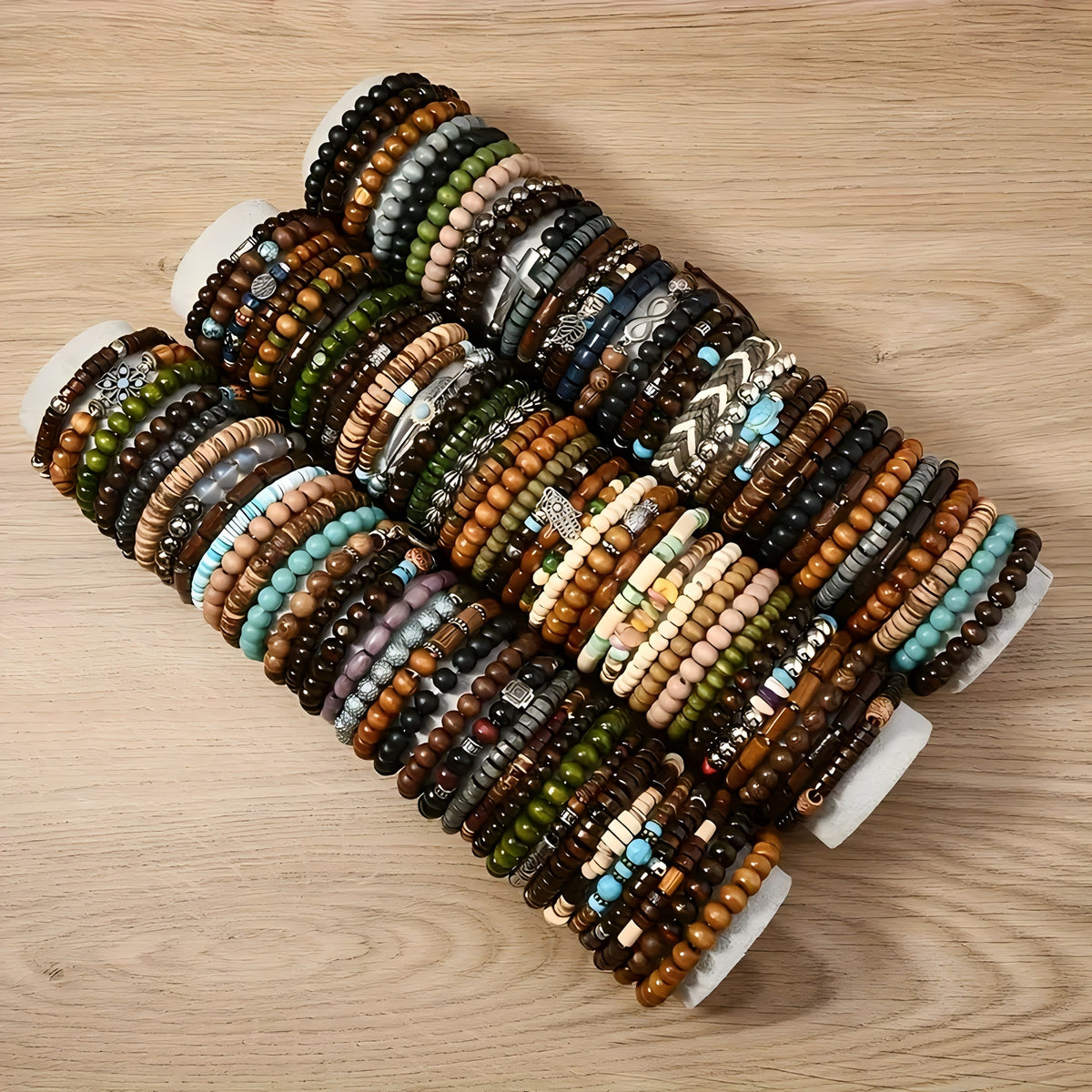 Ensemble de bracelets bohèmes en perles de bois – Bracelets élastiques empilables avec breloques tortue, croix, feuille et plume, couleurs assorties, au choix par 12, 24, 47 ou 87 pièces – Parfait pour un usage quotidien et offrir en cadeau