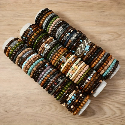 Ensemble de bracelets bohèmes en perles de bois – Bracelets élastiques empilables avec breloques tortue, croix, feuille et plume, couleurs assorties, au choix par 12, 24, 47 ou 87 pièces – Parfait pour un usage quotidien et offrir en cadeau