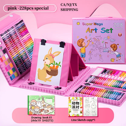Set de 228 pièces pour activités artistiques pour enfants, kit de dessin et peinture de luxe avec pastels à l'huile, crayons de cire, feutres colorés et acryliques, pinceaux aquarelle et bloc à dessin, cadeau pour enfants