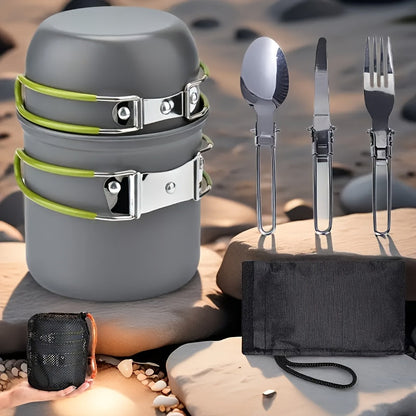 Ensemble de cuisine de camping en acier inoxydable 304 avec rangement pliable – Casserole compacte et durable avec couteaux et fourchettes pour randonnée, pique-niques et camping, vert et orange, kit de cuisine de camping léger