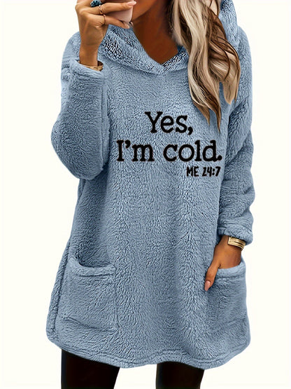 Women's "Yes I'm Cold" Teddy Bear Graphic Hooded Sweatshirt – Cozy Fleece-Lined Pullover Hoodie Double Pocket Long Sleeve 100% Polyester Fall Winter Casual Top
