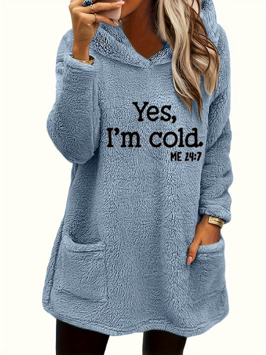 Sweat à capuche graphique « Yes I'm Cold » pour femme avec motif ours en peluche – Pull à capuche douillet doublé en polaire, double poche, manches longues, 100 % polyester, haut décontracté automne-hiver