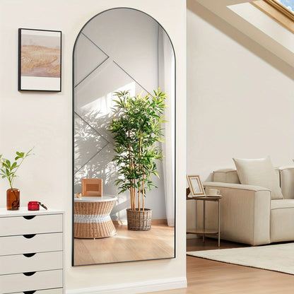 Miroir pleine longueur arqué avec support 64x21 / 59x16 pouces, miroir de sol en verre nano incassable avec cadre en alliage d'aluminium, miroir pleine longueur sur pied pour chambre, salon, vestiaire, décoration murale