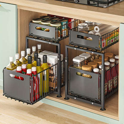 Under Sink Organizer 2-Tier Pull-Out Cabinet Shelf with Adjustable Height, Sturdy Carbon Steel Kitchen Storage Rack, Space-Saving Bathroom & Pantry Cabinet Organizer for Kitchen Organization
