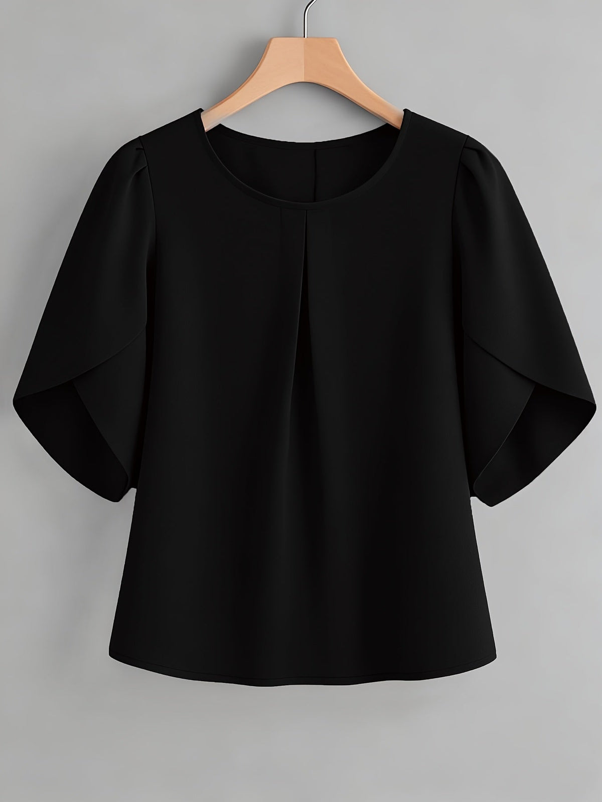 Chemisier femme à manches courtes, col rond, poignets à volants et plis sur la poitrine – Haut élégant en tissu 100 % polyester, semi-transparent, avec manches fendues