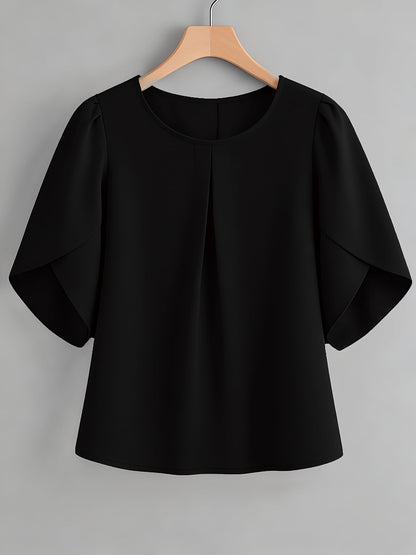 Chemisier femme à manches courtes, col rond, poignets à volants et plis sur la poitrine – Haut élégant en tissu 100 % polyester, semi-transparent, avec manches fendues